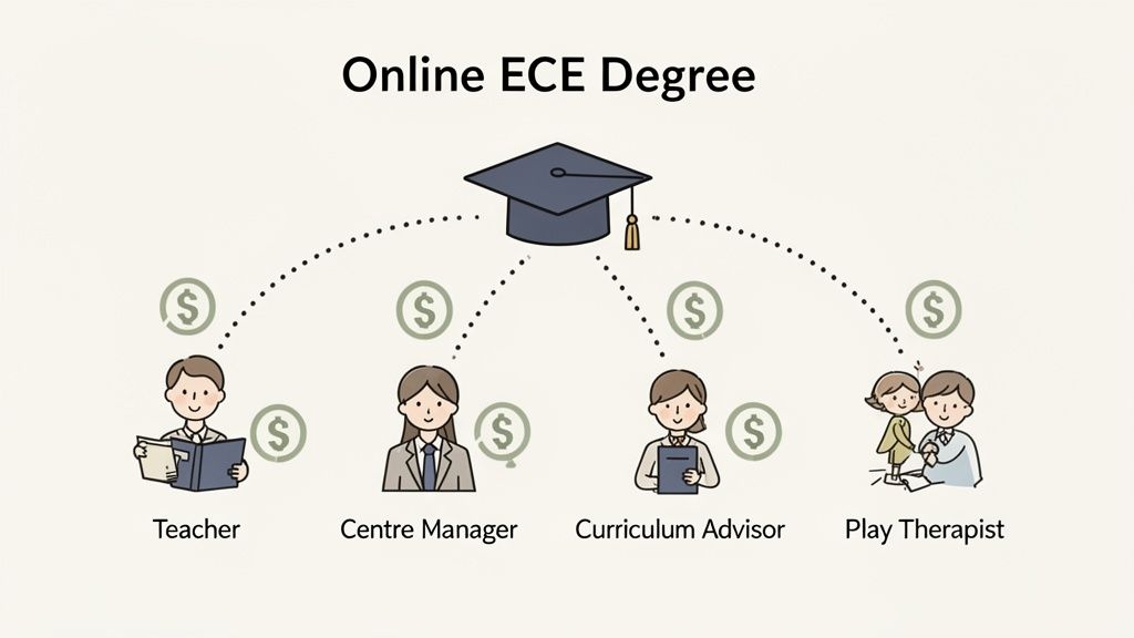 An online ECE degree opens doors to diverse careers such as teacher, center manager, curriculum advisor, and play therapist, with income potential.
