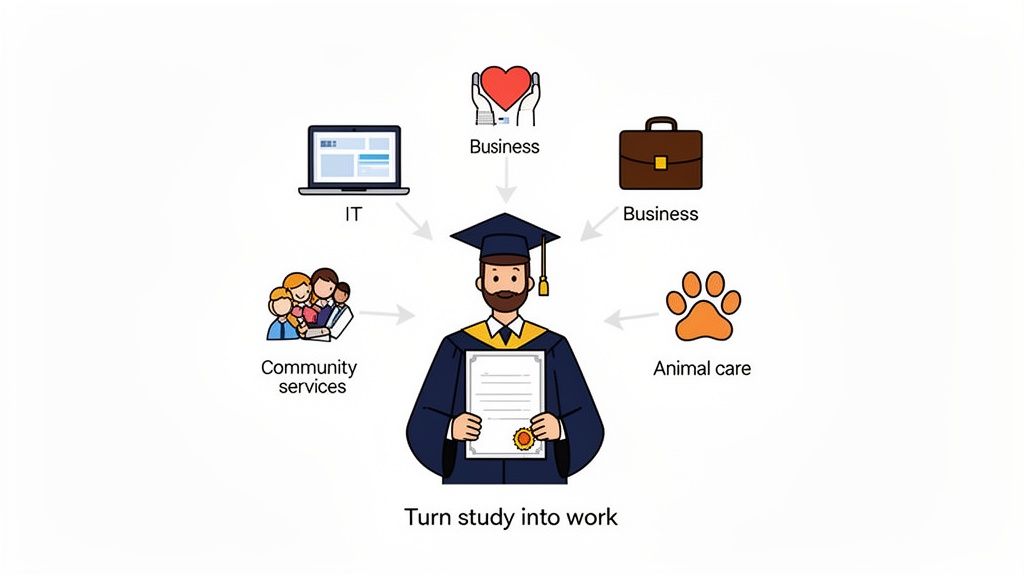 A graduate connecting studies to multiple career options: IT, business, animal care, community services.