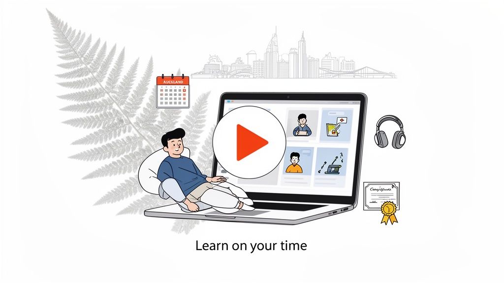 Cartoon man learning online on a laptop, with Auckland calendar, headphones, and certificate, symbolizing flexible study.