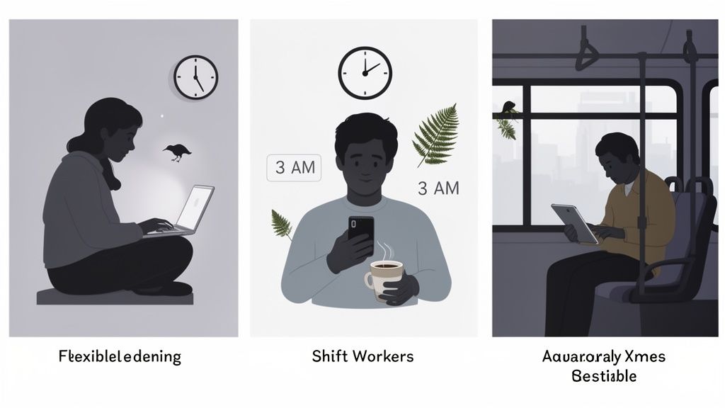 Illustrations depicting individuals engaged in work or study using digital devices at various times.