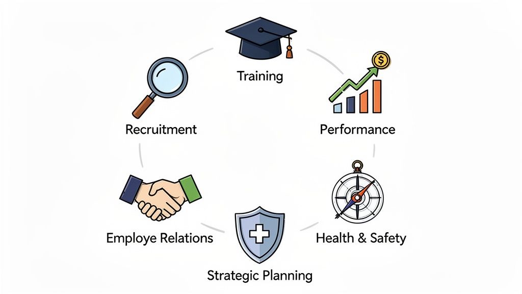Human resource management diagram illustrating recruitment, training, performance, health & safety, strategic planning, and employee relations.