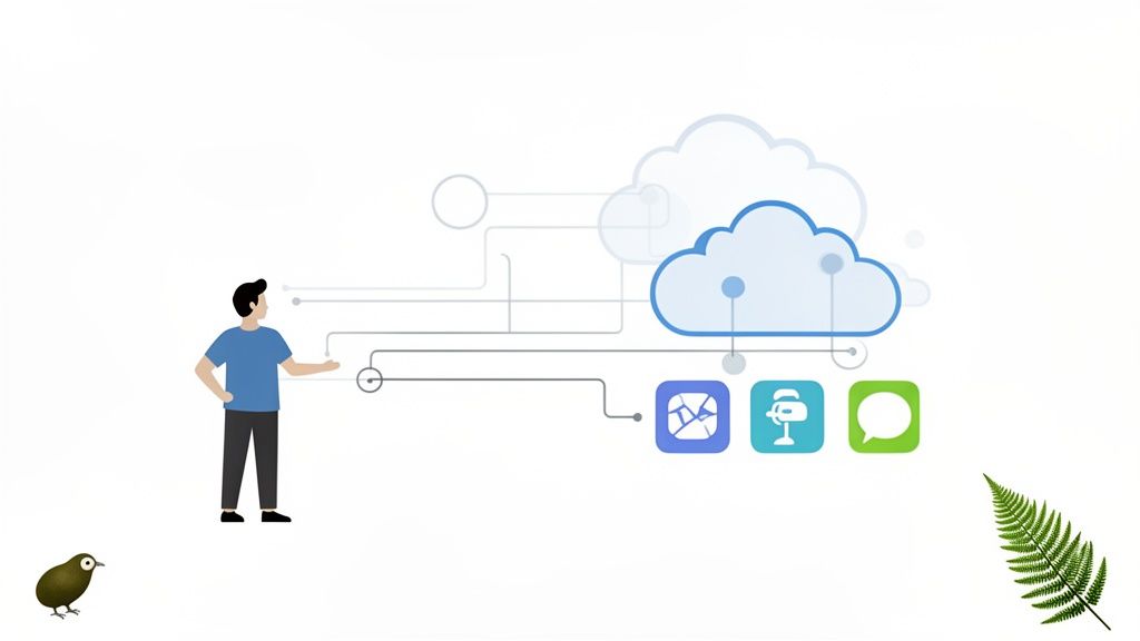 An illustration of a man interacting with cloud computing services connected to various mobile applications.
