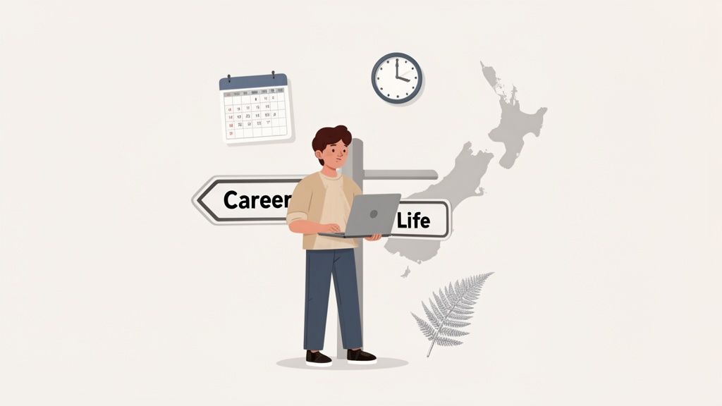 Illustration of a person holding a laptop at a signpost, choosing between 'Career' and 'Life', with New Zealand symbols.