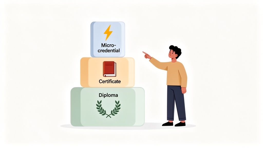 Man points to a hierarchy of educational credentials: micro-credential, certificate, and diploma.