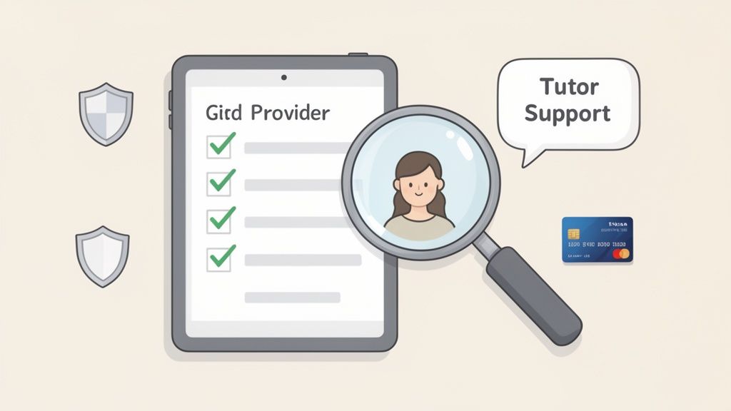 Secure online learning platform with tutor support, showing provider checklist, magnifying glass, shields, and payment.