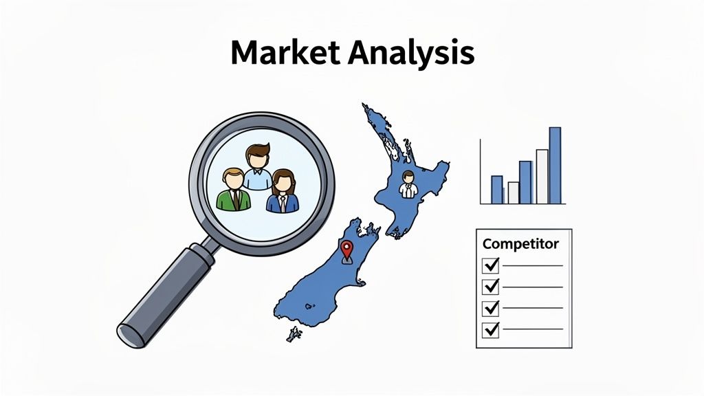 An illustration depicting market analysis with a magnifying glass, map of New Zealand, bar chart, and competitor checklist.