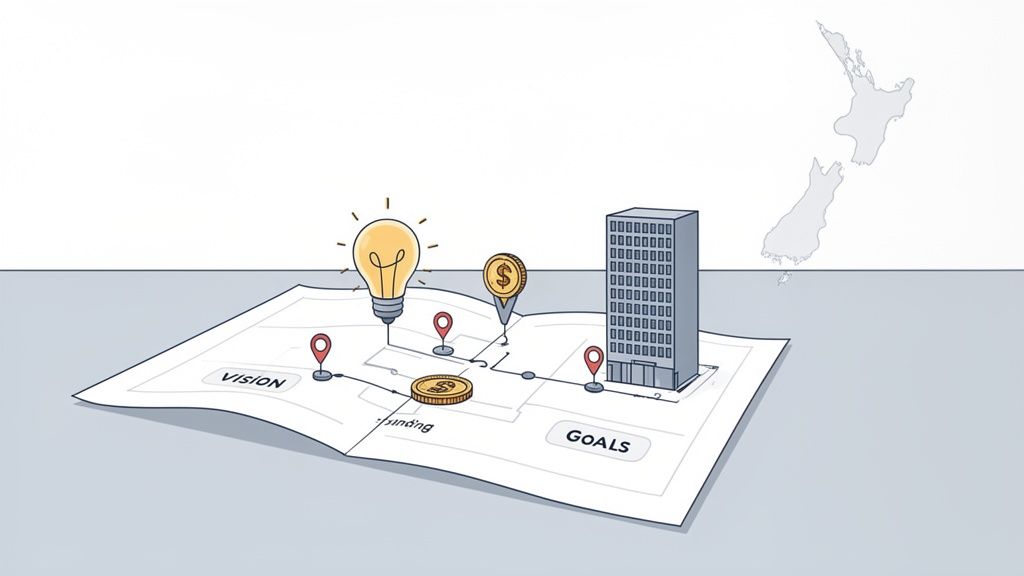Illustrative map for a business plan, showing a path from vision (lightbulb) through funding to business goals (building).