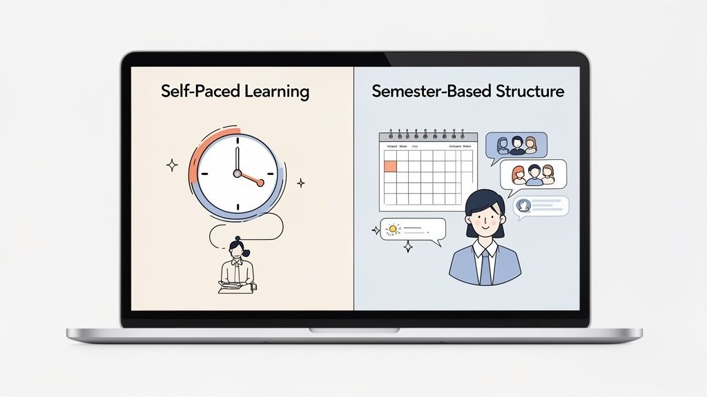 Laptop illustrating self-paced learning with a clock and semester-based structure with a calendar and group icons.