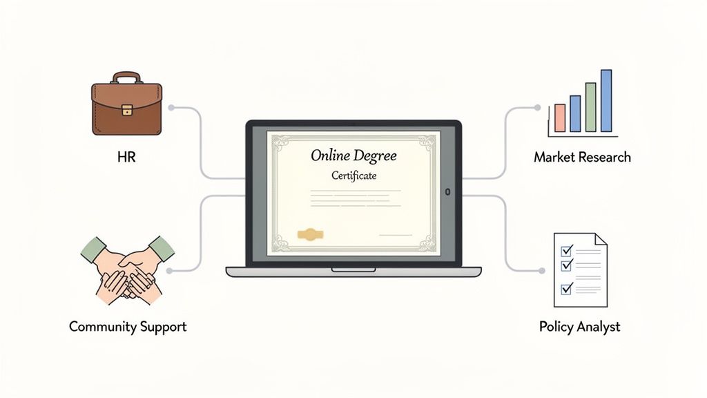 Online degree certificate on a laptop screen connected to HR, market research, community support, and policy analyst roles.