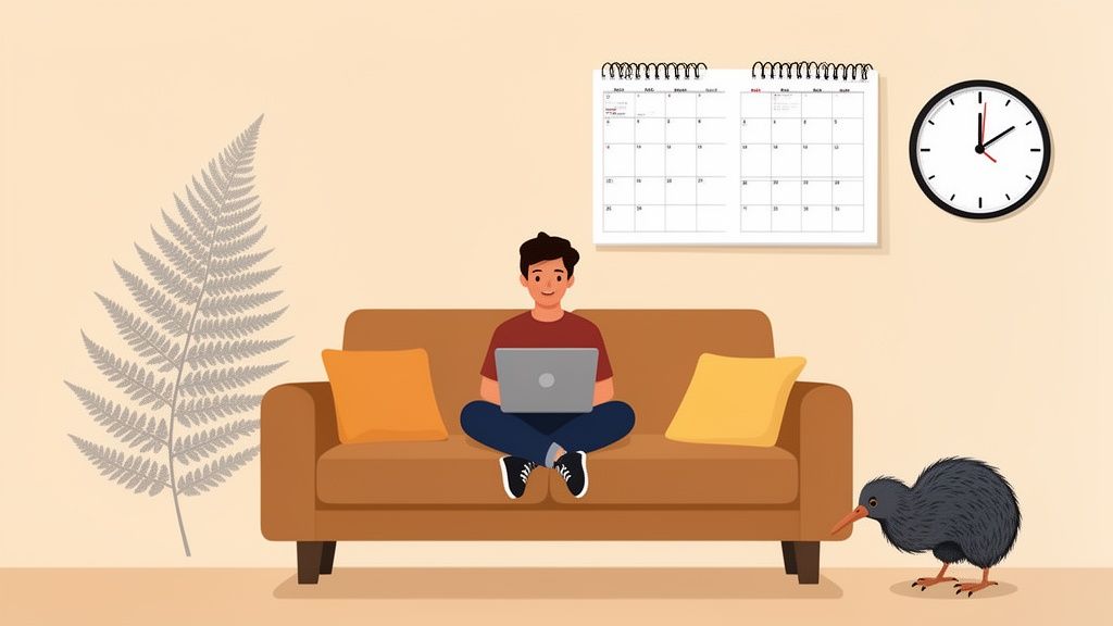 A person uses a laptop on a brown couch with a calendar, clock, fern, and kiwi bird.