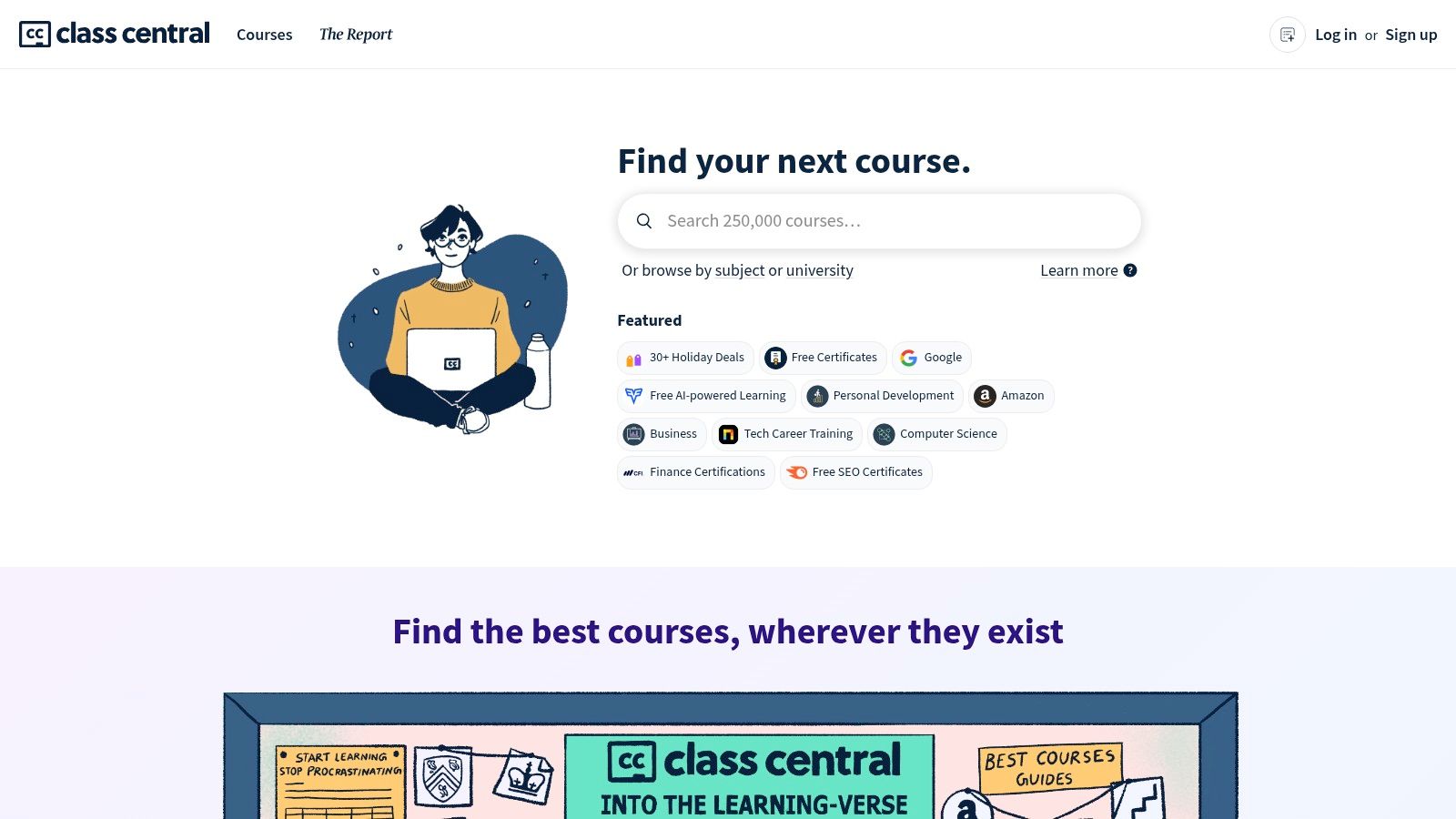 Class Central's homepage showcasing its search and course aggregation features.