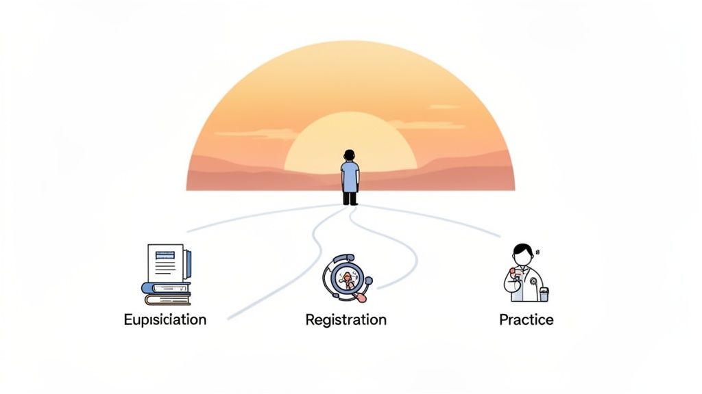 Illustration depicting the career path of a professional, showing education, registration, and practice.