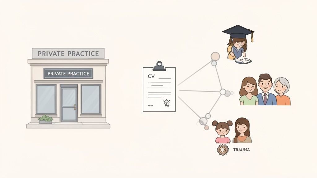 Illustration of a private practice, CV, student, family, and trauma connected by a network.