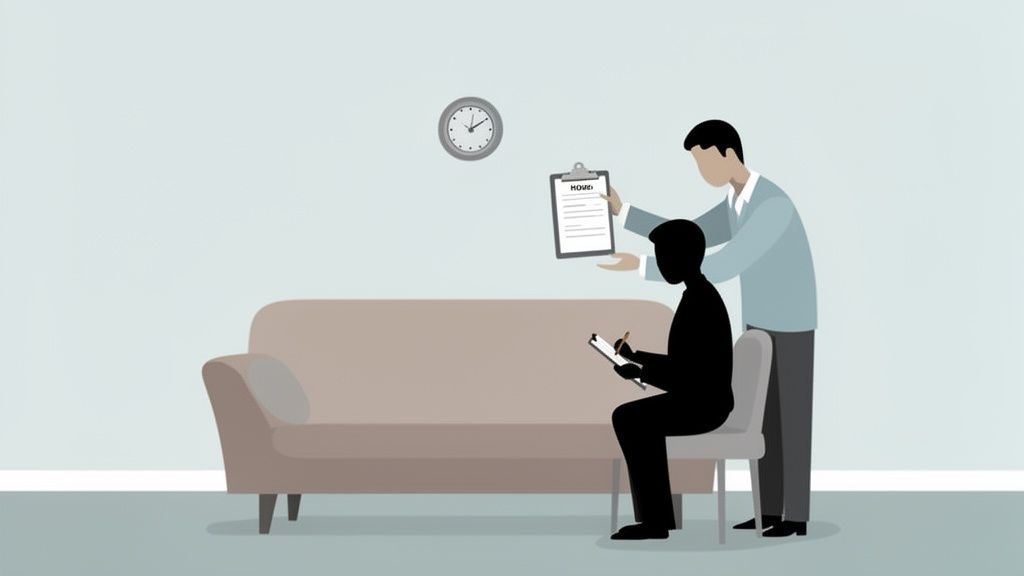 An illustration of a therapist helping a client fill out forms during a therapy session.