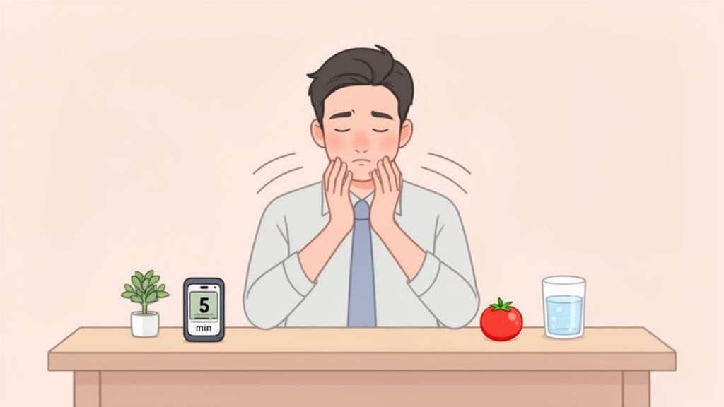A man with flushed cheeks holding his face in discomfort, a phone showing '5 min', plant, tomato, and water on a table.