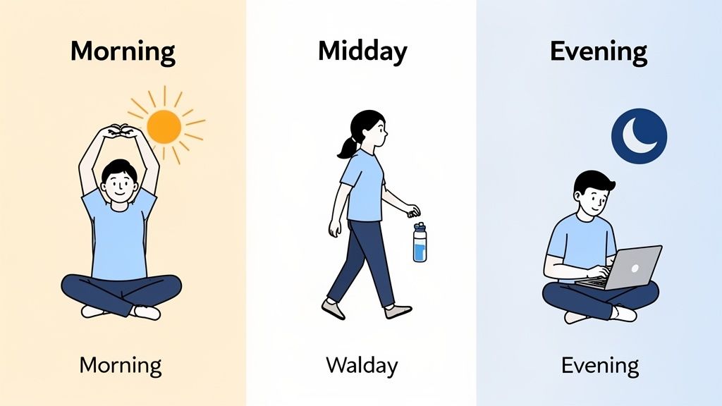 Three panels illustrating a daily routine: morning yoga, midday walk with water, and evening laptop use.