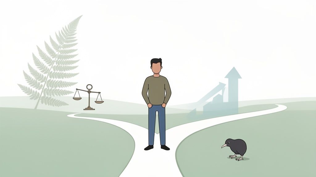 Illustration of a person at a crossroads with symbols of justice and career growth.