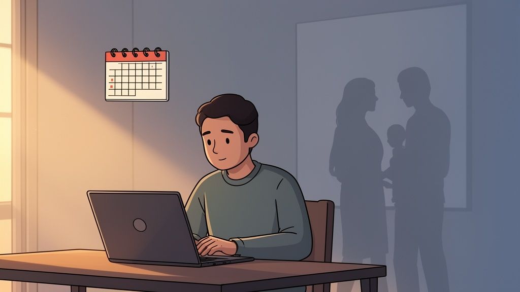 A man works on a laptop at a desk, with a calendar and blurred family shadows.