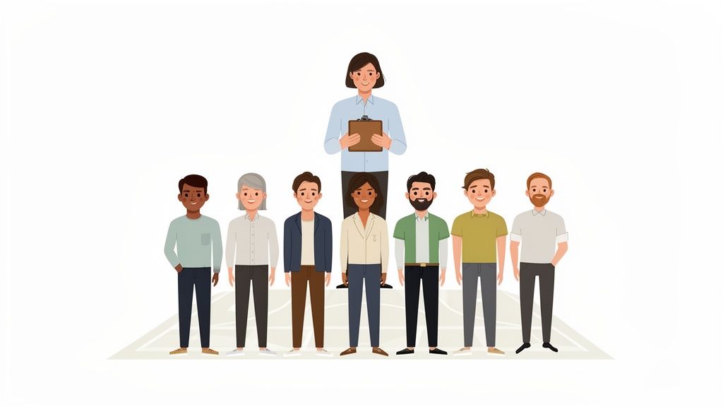 A female manager with a clipboard oversees a diverse team of male employees.