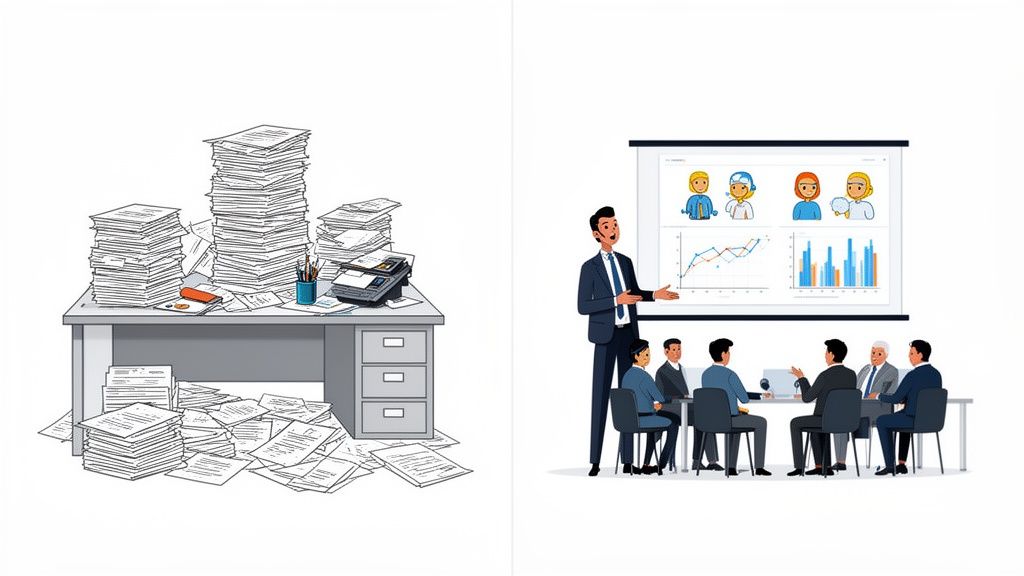 A messy desk overflowing with paper piles contrasts with an organized business meeting and data presentation.