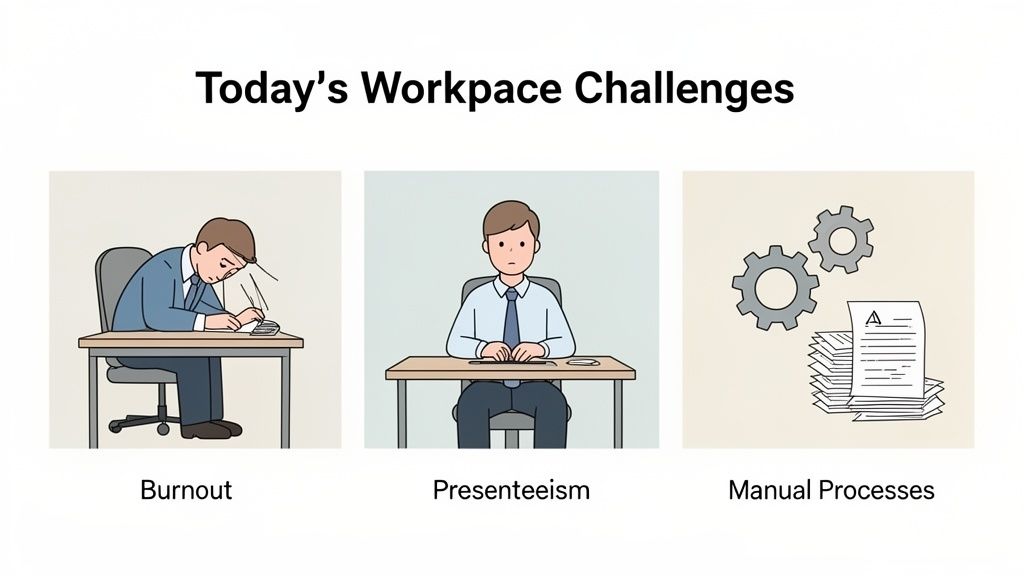 Illustrations depicting workplace challenges: an exhausted person, a disengaged person, and manual processes.