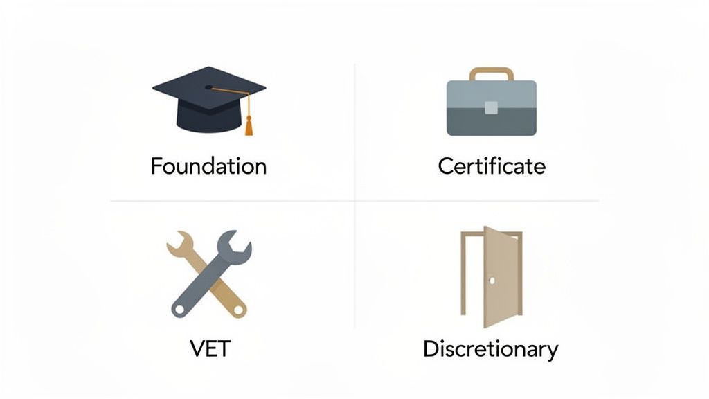 Four icons representing alternative pathways: Foundation (graduation cap), Certificate (briefcase), VET (wrenches), and Discretionary (open door) options.