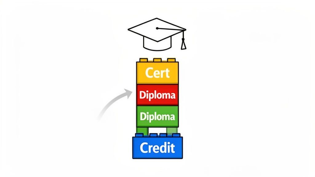 Building blocks representing Credit, Diploma, and Cert educational stages leading to a graduation cap.
