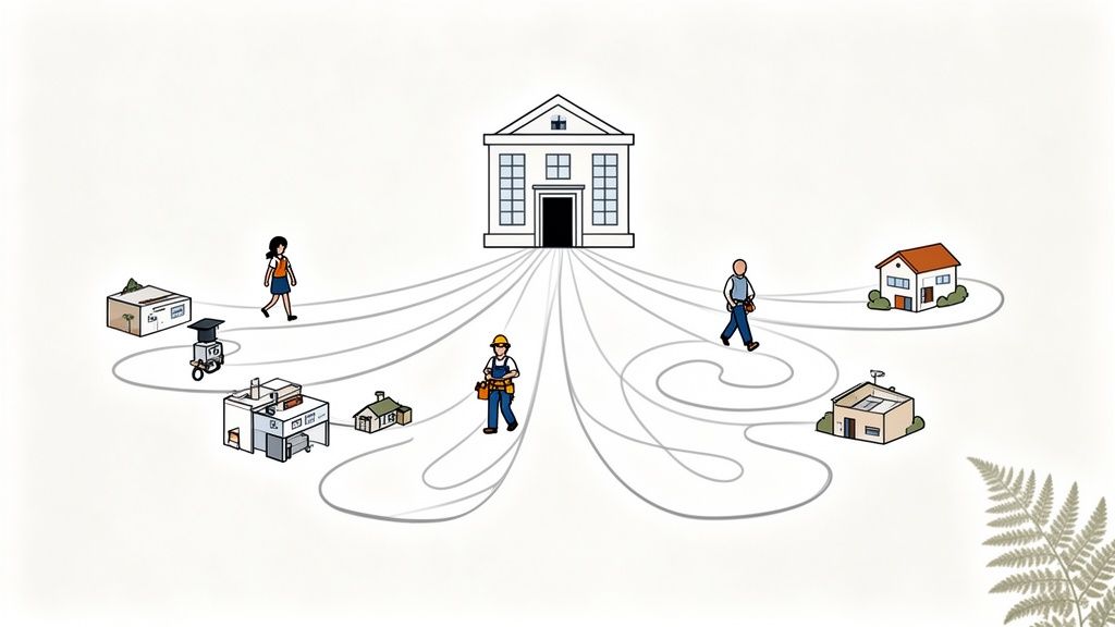 Illustration of a central institution connecting to diverse individuals and community buildings via multiple pathways.