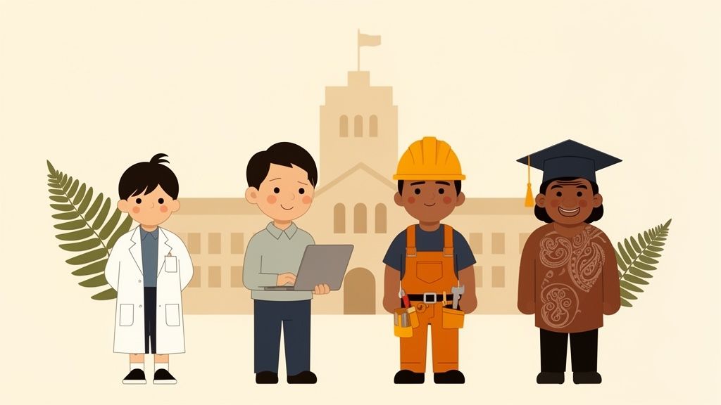 Four diverse people, including a scientist, a student, a construction worker, and a graduate, in front of a university.