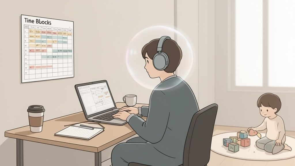 Animated person working on laptop with headphones, focused amidst a child playing with building blocks.