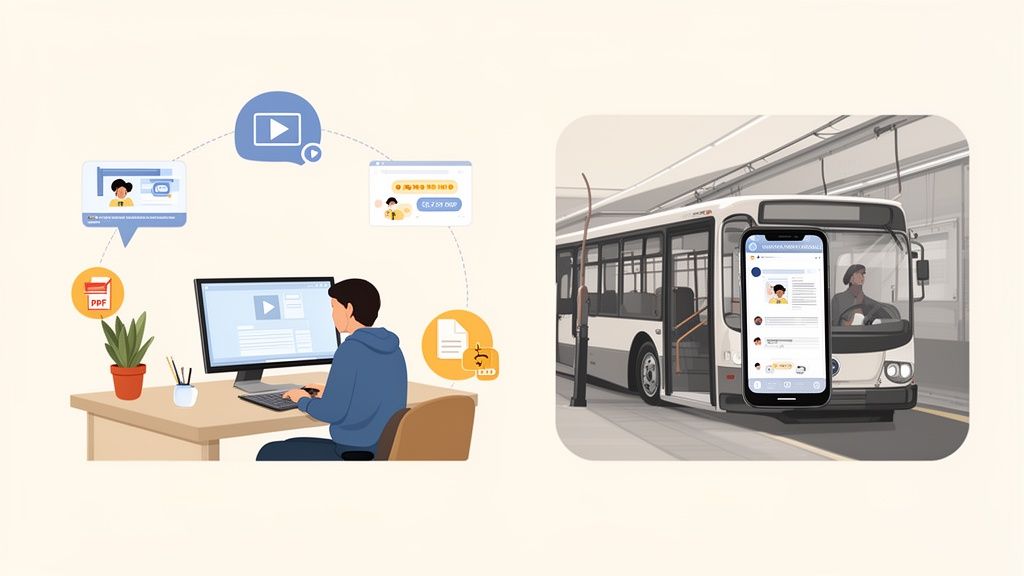 Illustrates online education with a student at a computer and mobile learning on a bus.