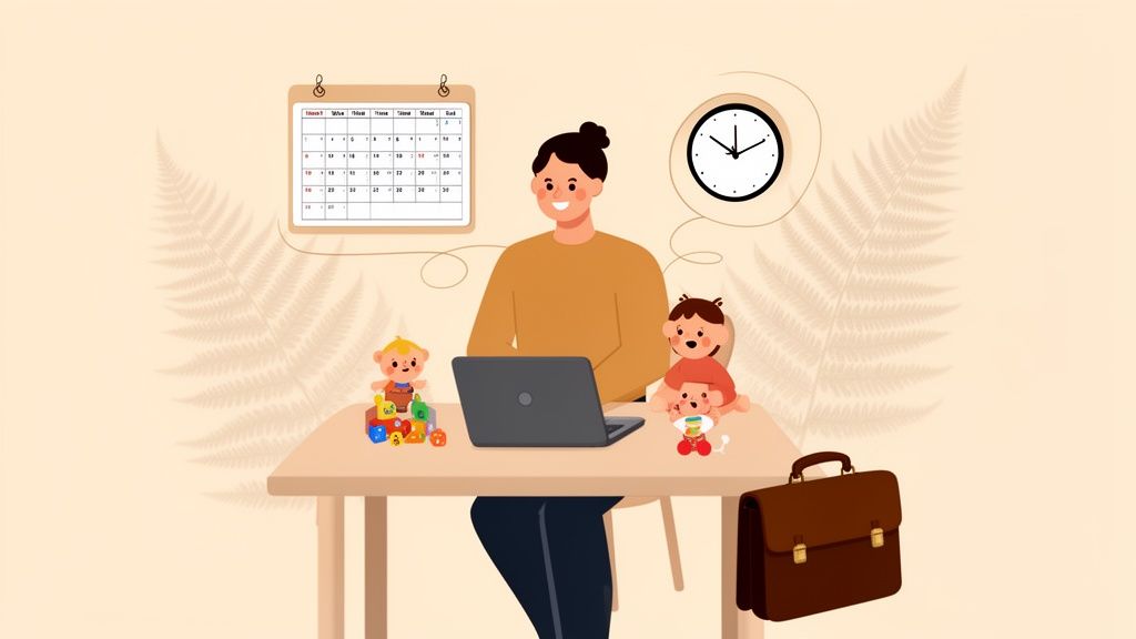 A person smiles while working on a laptop at a desk, surrounded by children's toys and a calendar.