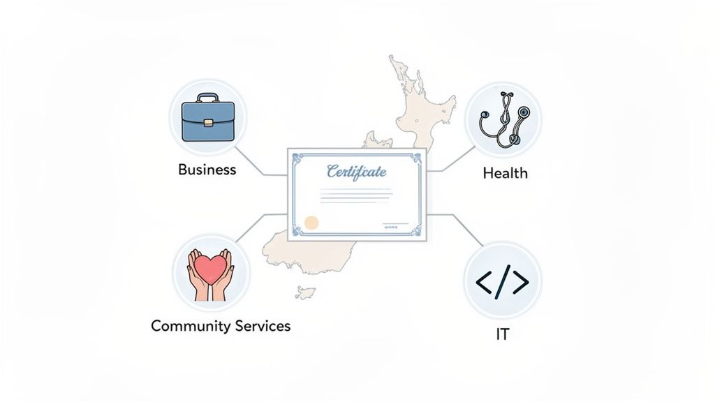 Certificate on a map of New Zealand connecting to Business, Health, Community Services, and IT career fields.