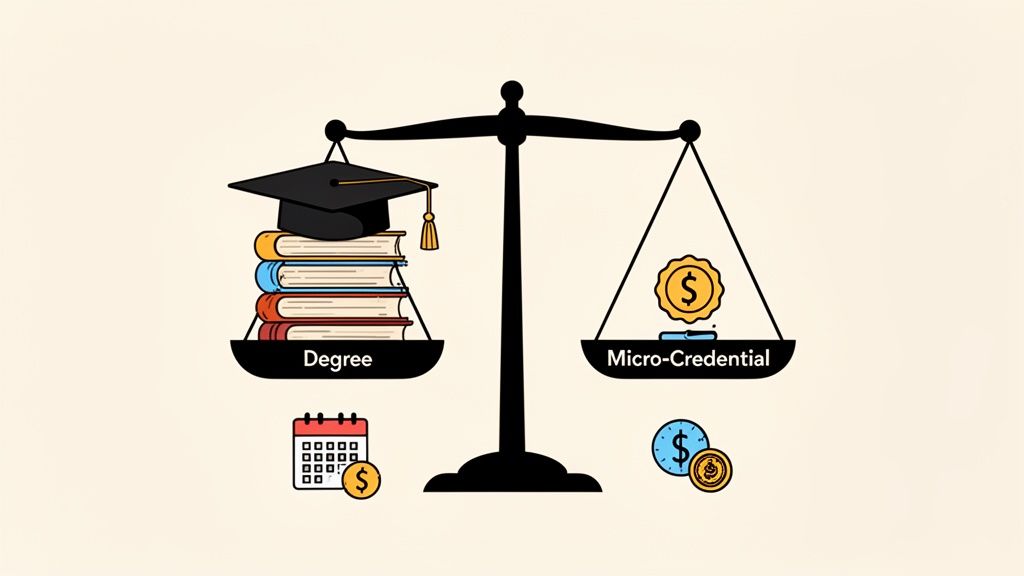 A weighing scale compares a degree (books, graduation cap, calendar, money) to a micro-credential (badge, clock, money).