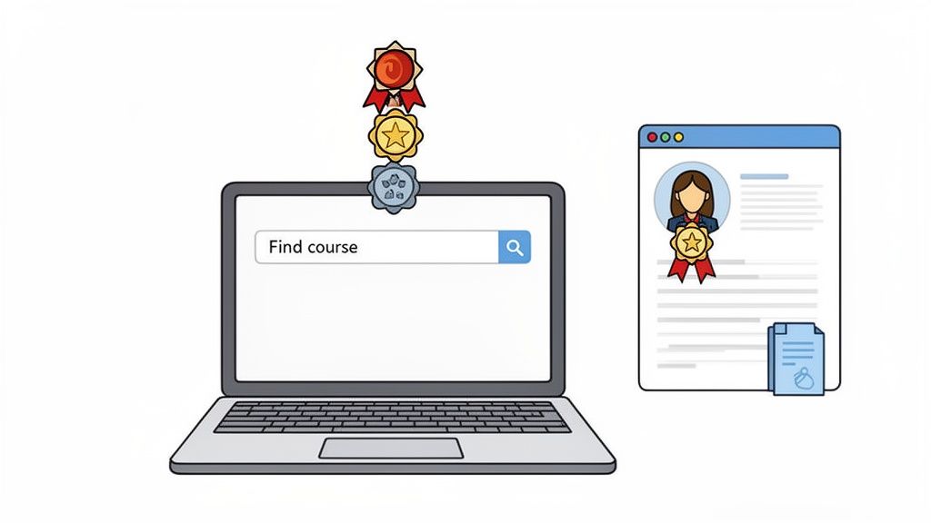 Illustration of a laptop searching for courses, with stacked achievement badges and a profile displaying credentials.