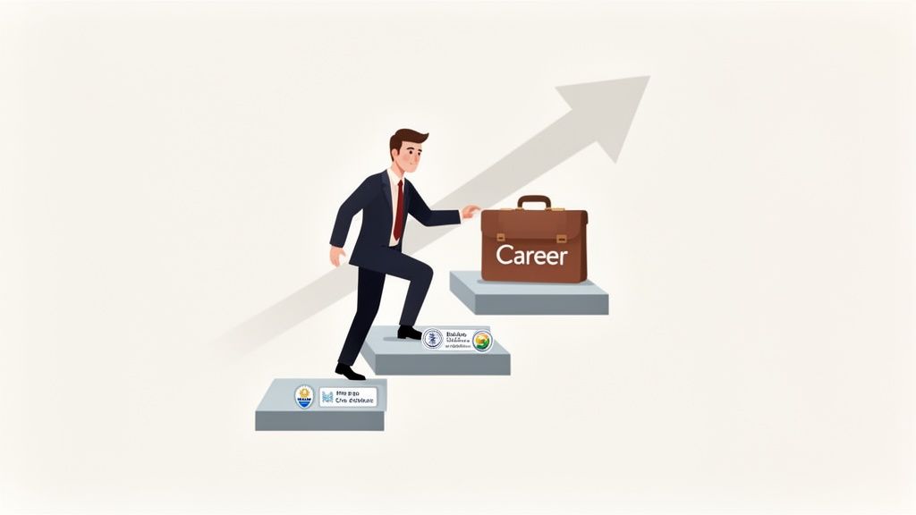 A businessman climbing steps towards a briefcase labeled 'Career', symbolizing professional growth.