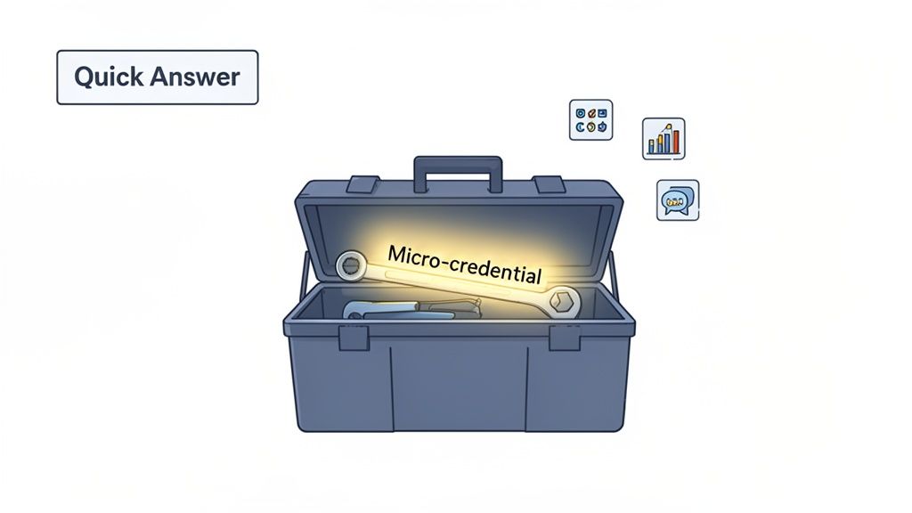 A quick answer toolbox with a glowing 'Micro-credential' wrench and other tools.