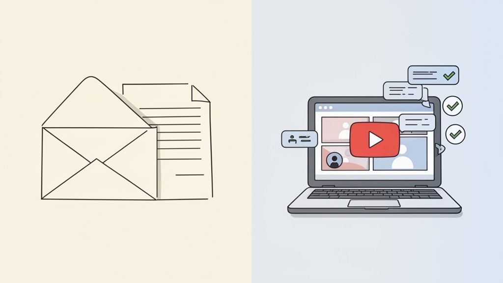 An illustration comparing traditional mail and documents with a laptop displaying online videos and chat messages.