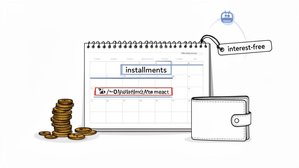 A calendar showing 'installments' and an 'interest-free' tag, with a stack of coins and a wallet, illustrating financial planning.