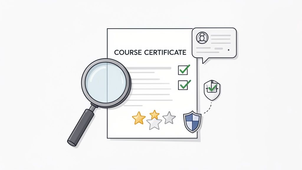Illustration of a course certificate being reviewed, showing quality checks, ratings, and verification.
