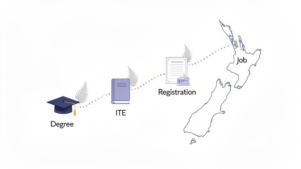 Diagram illustrating the four steps to becoming a teacher in New Zealand: Degree, ITE, Registration, and Job.