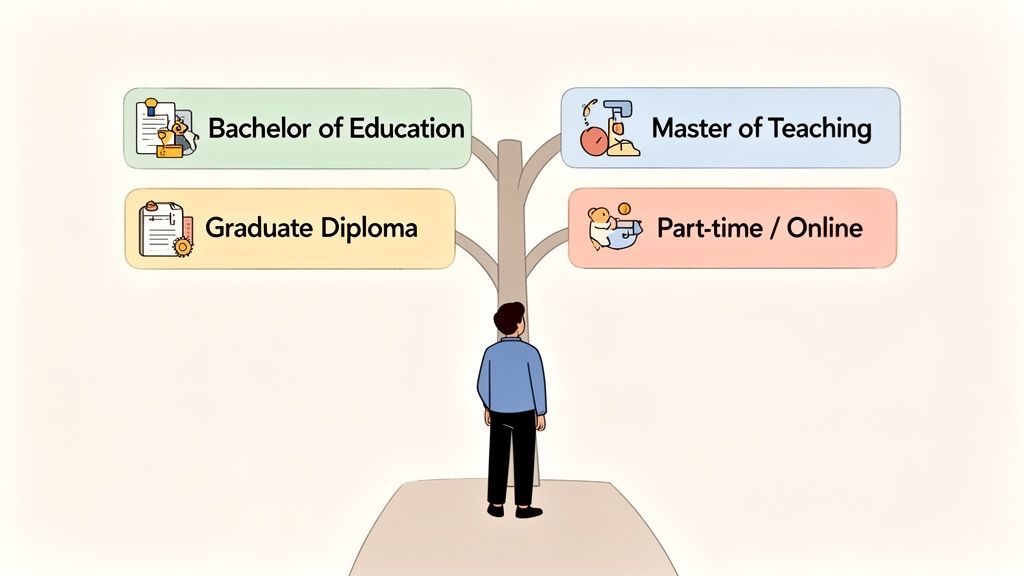 A person stands at a crossroads, looking at a tree with four branches representing different education paths to become a teacher.