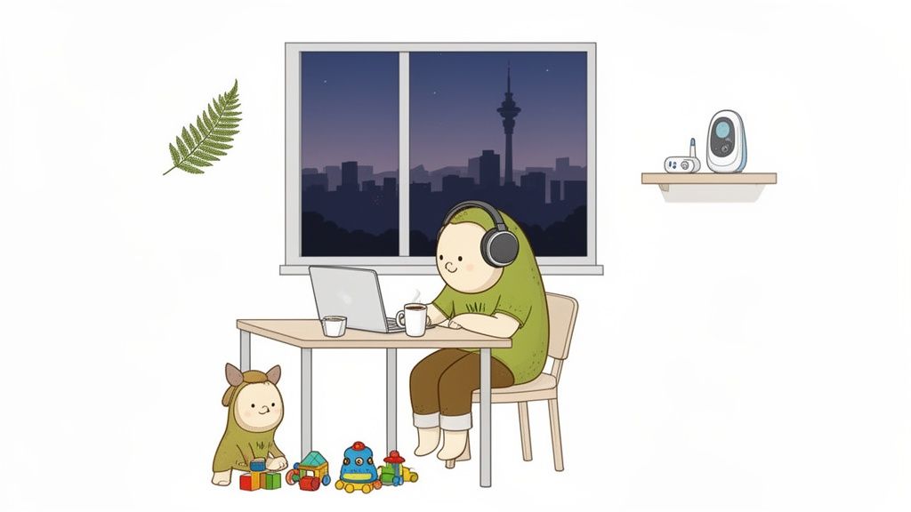 Cartoon showing a person working on a laptop at night, while a child plays with toys nearby, with a city skyline outside.