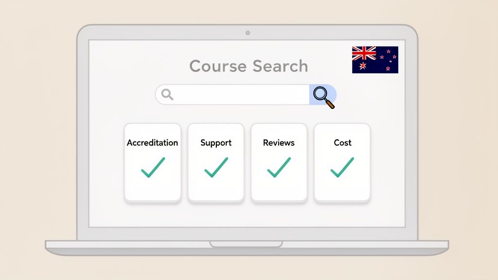 A laptop screen displaying a 'Course Search' interface with criteria for accreditation, support, reviews, and cost, next to the New Zealand flag.