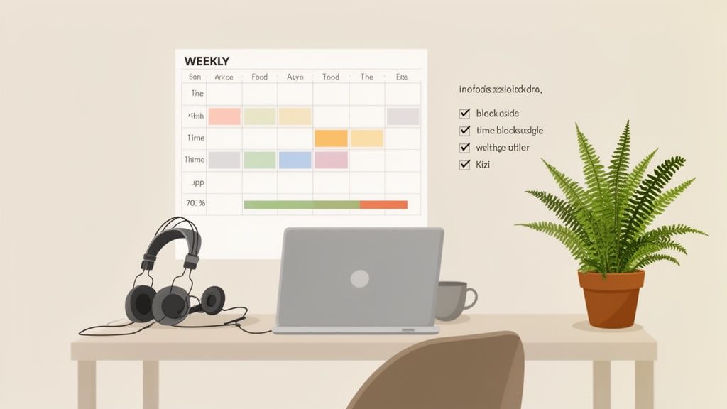 A minimalist desk setup with a laptop, headphones, a plant, and a weekly schedule chart.