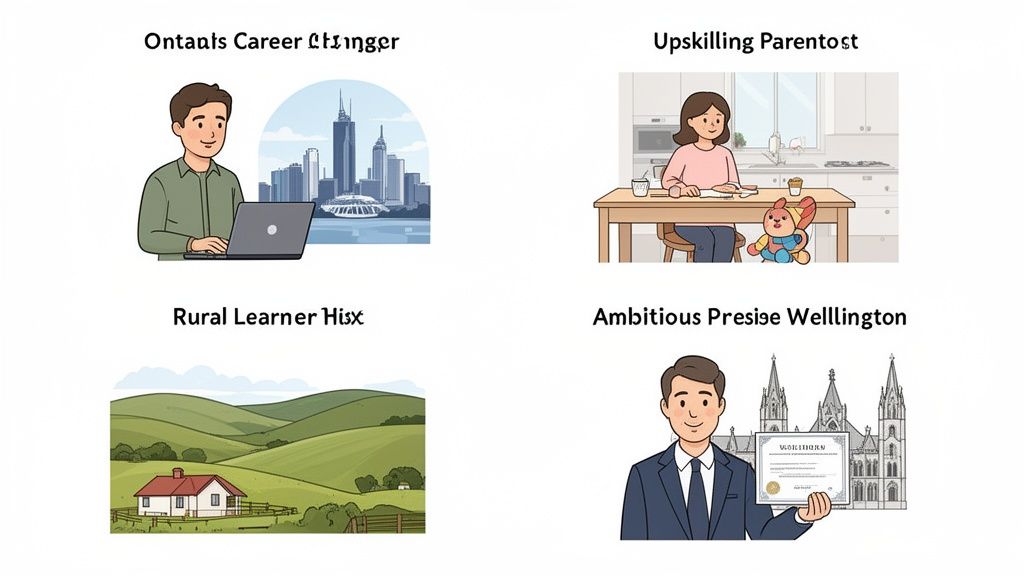 Four illustrations showing diverse individuals engaged in online learning and career development, from urban professionals to rural learners and upskilling parents.