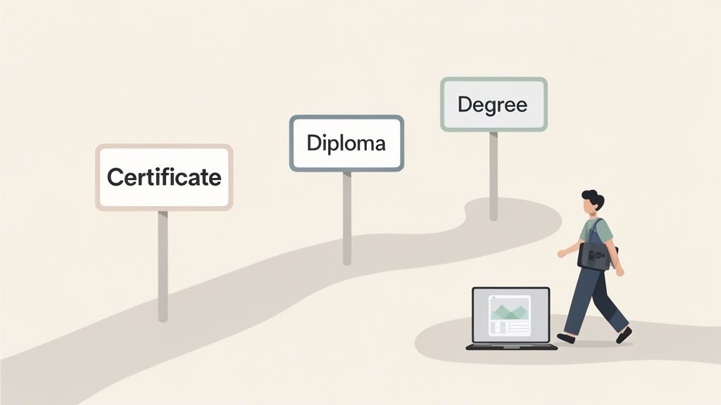 An illustrated path with signposts for Certificate, Diploma, and Degree, showing a person with a laptop progressing through educational qualifications.