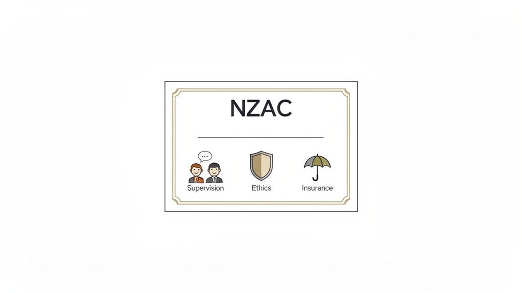 A certificate-like image with NZAC logo, showing icons for Supervision, Ethics, and Insurance.