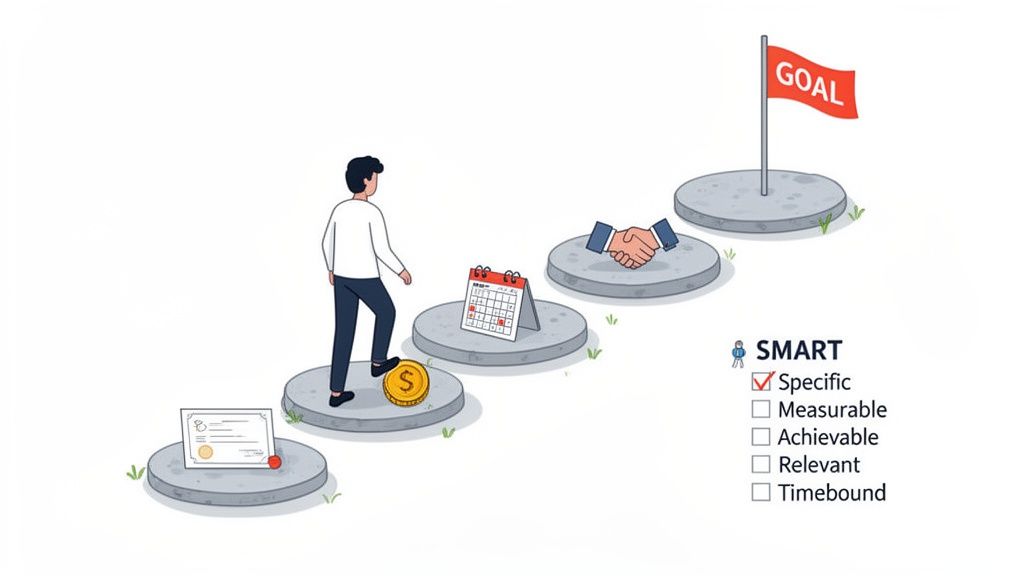 Man climbing steps towards a 'GOAL' flag, illustrating the SMART goals framework, with elements like money and a calendar.