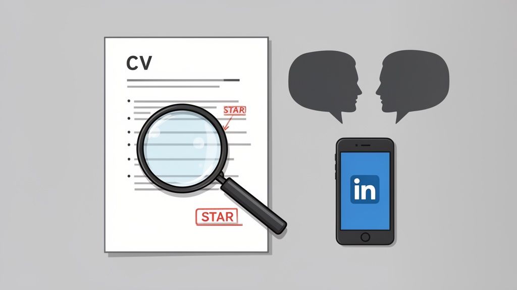 Magnifying glass over CV showing 'STAR' method, LinkedIn app, and two discussion bubbles, for job search and interviews.